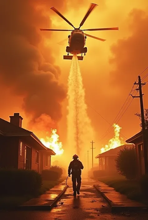 A fireman watering the houses and a helicopter spreading water to houses in Los Angeles, California caused by wilf fire