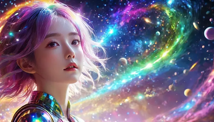   floating in space 、((whole body))、,  top quality,  highly detailed CG synthesis 8K wallpaper, Cinema Lighting,  lens flare,  pay attention to details, White clothes,   multicolored hair , Rich and colorful light,  particle, 、 girl、Laugh without fear 、  r...