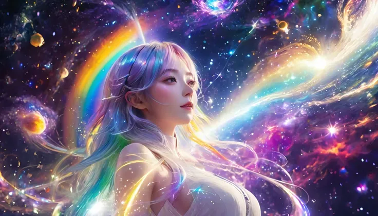   floating in space 、((whole body))、,  top quality,  highly detailed CG synthesis 8K wallpaper, Cinema Lighting,  lens flare,  pay attention to details, White clothes,   multicolored hair , Rich and colorful light,  particle, 、 girl、Laugh without fear 、  r...