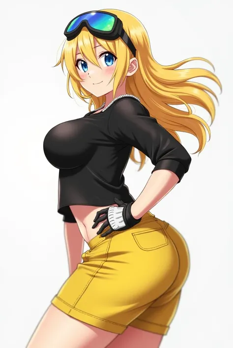 masterpiece, best quality, solo, curvy, beautiful eyes,zzTerra, blue eyes, blonde hair, long hair,  gloves, goggles, yellow shorts, black shirt, midriff,   side view, ass, leaning forward, cowboy shot, smile, looking at viewer, shiny skin, terra, Terra  ti...