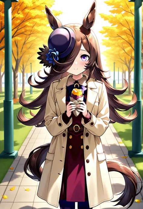 deTailed eyes,    girl,    rice shower (Uma Musume),    horse ears,       animal ears,    her hair hangs down to hide her eyes, horse Tail,   horse   girl , Tail, length、autumn、 wearing a long coat 、Eat baked sweet potato