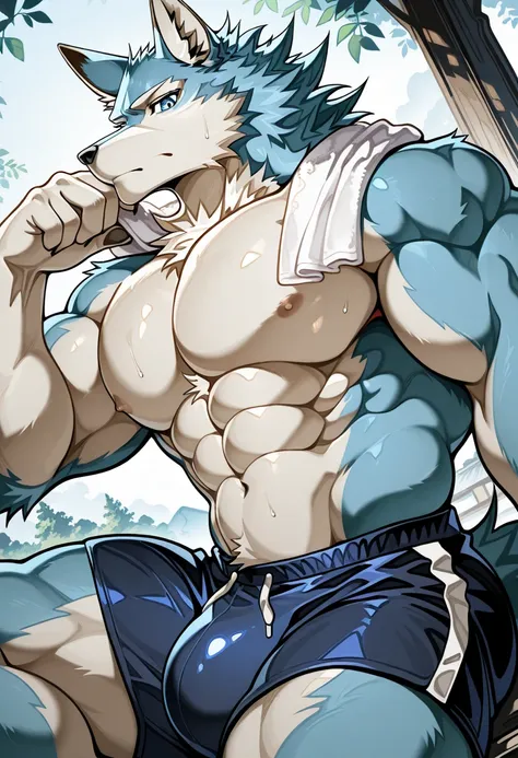 safe_pos, wolf , mammal, solo , furry, male, muscle, muscular male, (sitting) , nipple, (Towel on shoulder) , looking at viewer, detailed face, bara, Dutch angle, side view, outdoors, partially clothed, shorts, bulge, huge bulge, 

  abs, closed mouth, 

,...