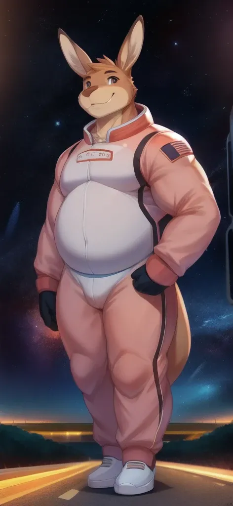   Alone,  Tall male   , big body, Standing, road, Kangaroo ,   pink military space suit ,  Overweight,   muscle  ,  smile happy   ,By Chuni  