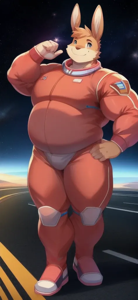   Alone,  Tall male   , big body, Standing, road, Kangaroo ,   pink military space suit ,  Overweight,   muscle  ,  smile happy   ,By Chuni  