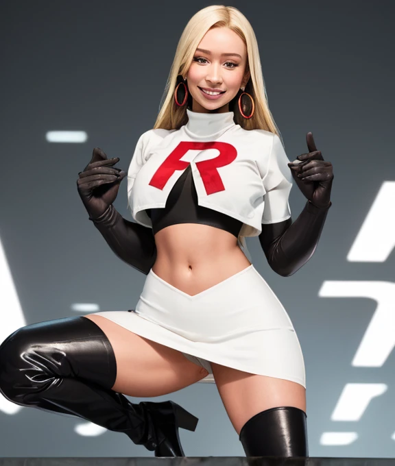 The face of Iggy Azalea, 1girl, solo, Team rocket, team rocket uniform, red letter R, white skirt,white crop top,black thigh-high boots, black elbow gloves, earrings, large breasts, sexy pose, smile