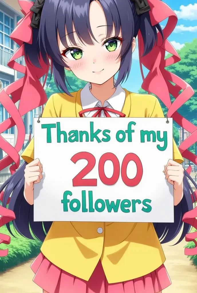  cute, I have a sign with text ,  with an animated illustration {x} where 1 girl smiles」Thanks to my 200 followers .「 stylish font  , colorful background,  Cheerful Yale Mugs  , detailed character design, vibrant colors