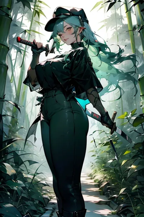 young woman, laughing, long hair, green hair, green and yellow eyes, fat silhouette, very long jacket, samourai pants, black pants, wide and black cap, forest of bamboo behind her, swordswoman with katanas, one katana on hey hand, magical power effect of t...