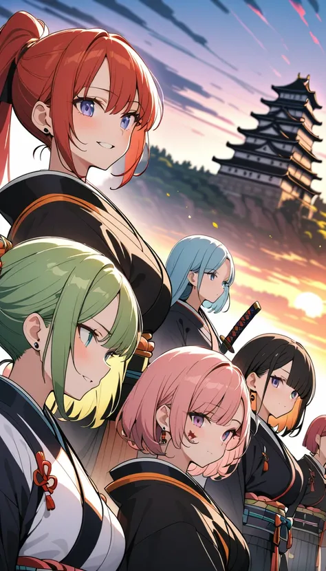 (Four beautiful girls : 1.3), girls ,(samurai,warrior, Japanese sword,headband,Chest guard, earrings), blonde, black hair, Hair, Silver Hair, red hair ,Blue Hair,Green Hair,Pink hair,Purple Hair, ponytail, bob cut, twin tails, long hair, short hair, bun ha...