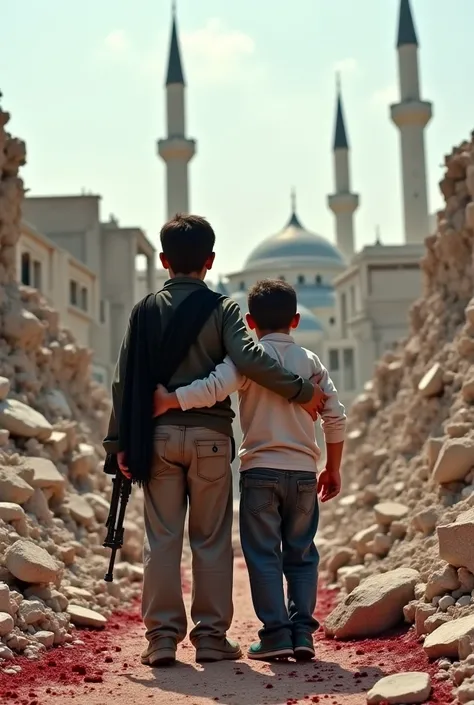 In front of a pile of rubble in Palestine, two boys stand looking back through the rubble, one older and the other younger The older boy has a black handkerchief on his shoulder and is holding onto the younger boy. A few mosque minarets are visible in the ...