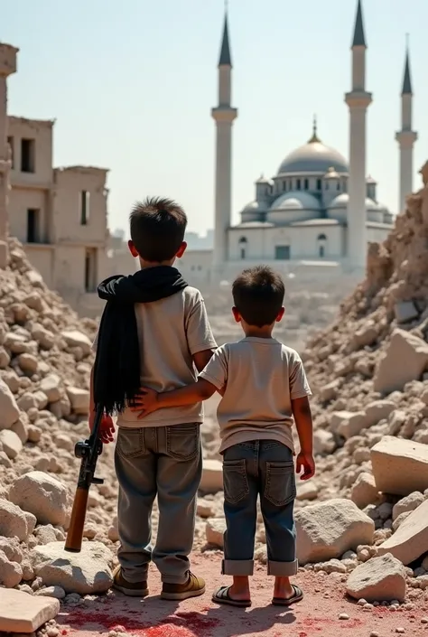 In front of a pile of rubble in Palestine, two boys stand looking back through the rubble, one older and the other younger The older boy has a black handkerchief on his shoulder and is holding onto the younger boy. A few mosque minarets are visible in the ...