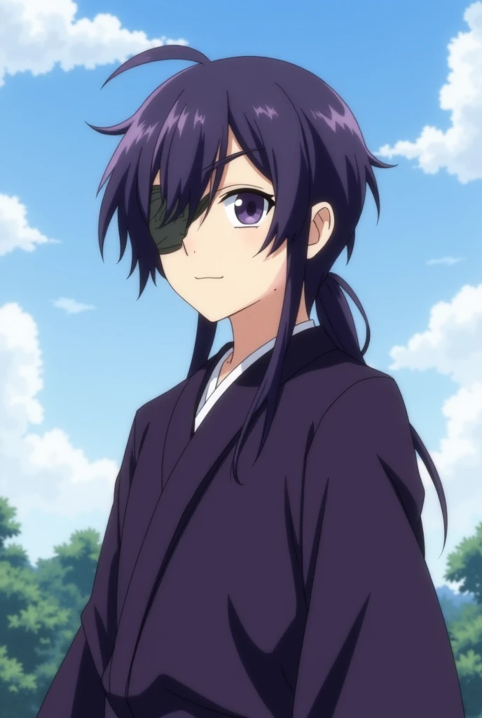 A young anime male character, positioned slightly off-center to the left side of the frame, is the main subject.  He is of light skin tone and has long, dark purple hair.  He wears a bandaged eye patch over his left eye. His expression is a subtle smirk, a...