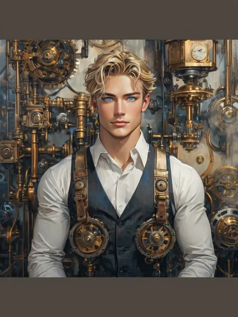 Detailed portrait in oil painting style, Handsome strong young beautiful blonde man, athletic build,Create a portrait of a humanoid android male with a muscular build and a warm, friendly expressionA captivating steampunk android named Anton, standing tall...