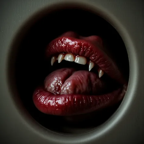 All I could see through the lens of the peephole in the front door was a bright red mouth licking its upper lip with an erotic tongue.