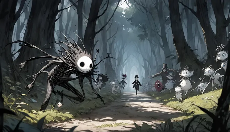 god、  Tim Burton's World、   top quality  ,  Masterpiece,    high detail,    looks like a scene from a movie、 in the woods、Running person々、