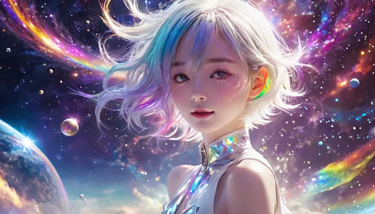   floating in space 、((whole body))、,  top quality,  highly detailed CG synthesis 8K wallpaper, Cinema Lighting,  lens flare,  pay attention to details, White clothes,   multicolored hair , Rich and colorful light,  particle, 、 girl、Laugh without fear 、  r...