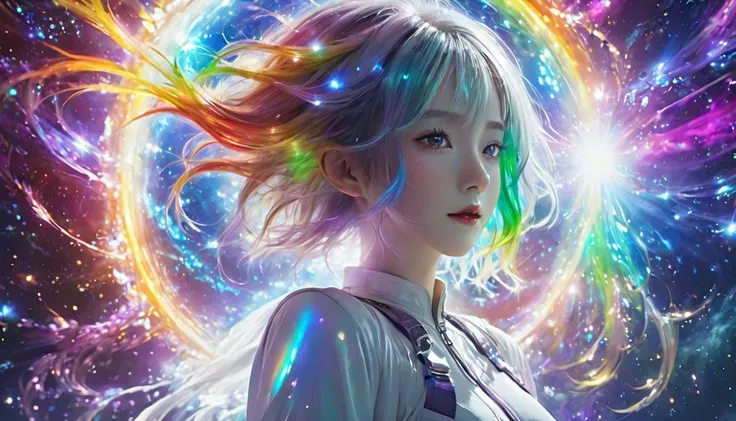   floating in space 、((whole body))、,  top quality,  highly detailed CG synthesis 8K wallpaper, Cinema Lighting,  lens flare,  pay attention to details, White clothes,   multicolored hair , Rich and colorful light,  particle, 、 girl、Laugh without fear 、  r...