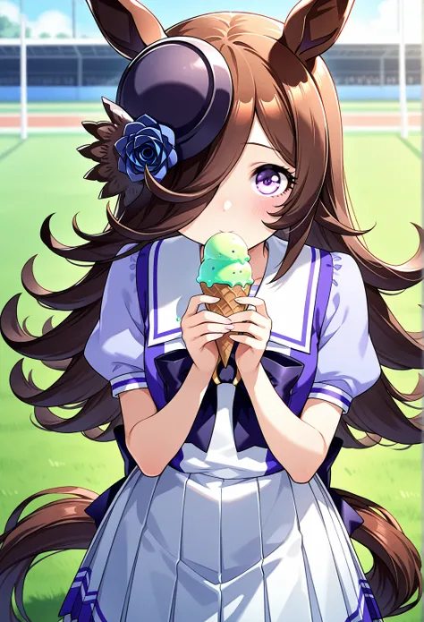 deTailed eyes,    girl,    rice shower (Uma Musume),    horse ears,       animal ears,    her hair hangs down to hide her eyes, horse Tail,   horse   girl , Tail, length、summer、 eat ice cream、Short sleeve