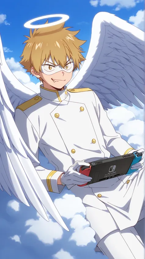 Full pure White hero masked men anime, solo, male focus,white angle uniform,white hero mask,white eye mask,gloves,angel,1boy,male focus,mysterious grin,fang out,big white angel wing,angel halo,golden eyes,day sky clouds heaven bankground,inuzuka shuu, blon...