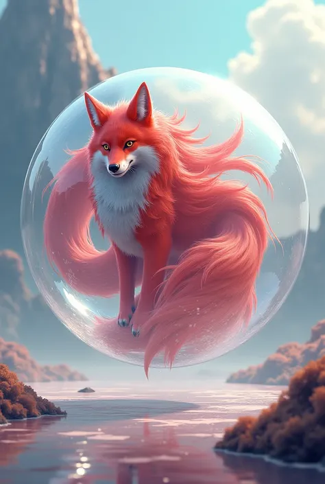 A Kitsune with thick red fur and nine tails, trapped inside of a giant bubble