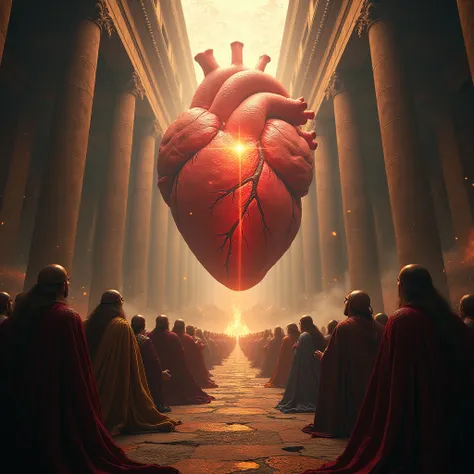 Mythical gods and ancient kings and many people kneel in worship surrounding a giant heart 