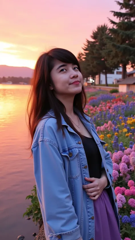 a women with long dark brown hair with side swept bangs, contemplative expression,  standing by a tranquil lake at sunset.  Pastel pink, orange, and blue hues dominate the scenery.  The girl, likely Asian,  is 20-25, sports a thoughtful expression, gazing ...