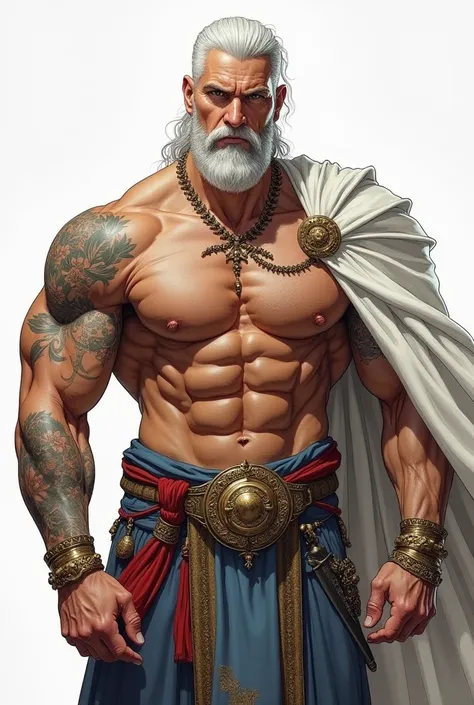 

The image depicts a muscular man with white hair. He has tattoos along his arms and is dressed in fine clothing. The white hair stands out against his rugged face. The man has an imposing physique, standing about 1.90 meters tall and weighing around 120 ...