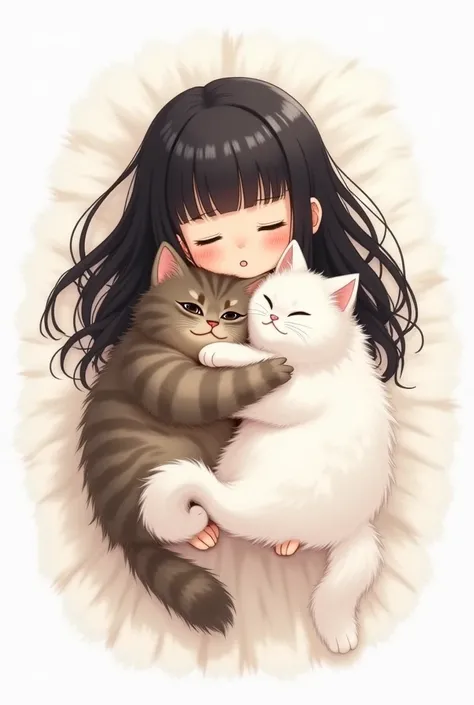 Draw an animation with thick, bushy hair down to the middle of her chest, and a black-haired girl with bangs wearing pajamas, hugging a long-haired Turkish Angora white cat and a brown cat with Korean short hair with mackerel stripes, and resting on a fluf...