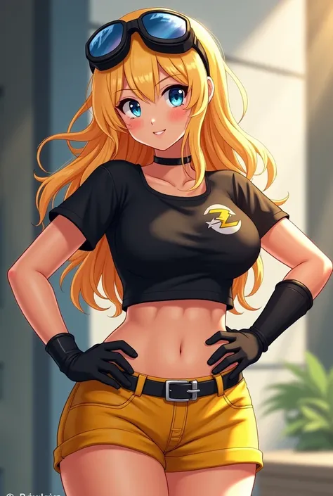 masterpiece, best quality, solo, curvy, beautiful eyes,zzTerra, blue eyes, blonde hair, long hair,  gloves, goggles, yellow shorts, black shirt, midriff,   cowboy shot, hand on hip, smug, smile, looking at viewer, shiny skin,shiny skin, bokeh, luminescent ...