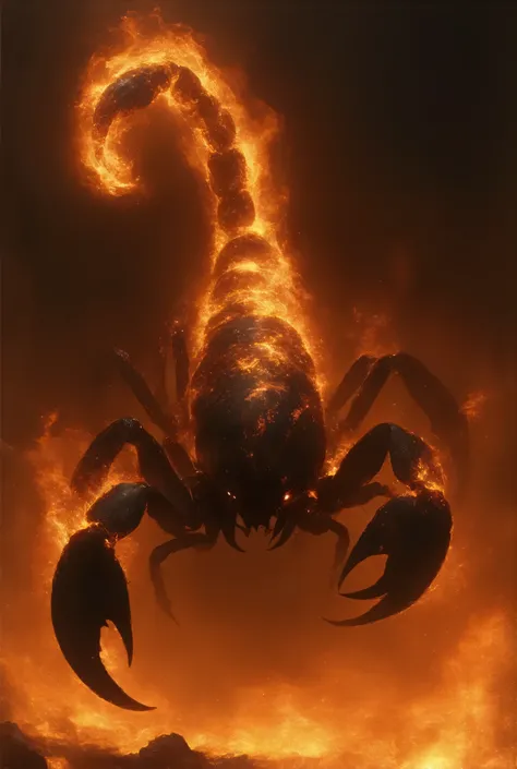 A majestic scorpion is engulfed in flames ,  The atmosphere is grand and mysterious .  emphasized by ash particles and sparks floating in the air {x} his body is thrilled It's completely engulfed in bright flames,  1024x1792 resolution to capture the lion'...