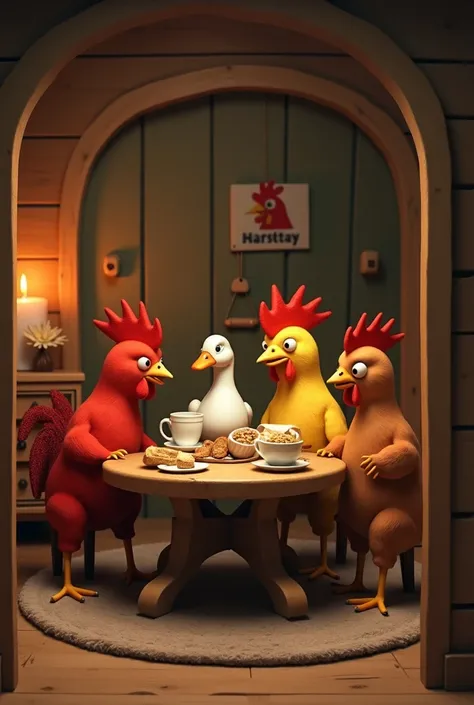 Three chickens, one red, one yellow and one brown, are sitting around a round wooden table with a white duck. The red chicken treats the rest of the chickens and talks to them. The table has bread, four cups, and two plates with cereals. There is a rug und...