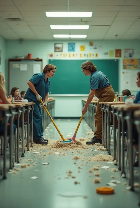 can you make a short film video 3 mins about a cleaners cleaning there classroom but the one left early his also a cleaners so they fight 