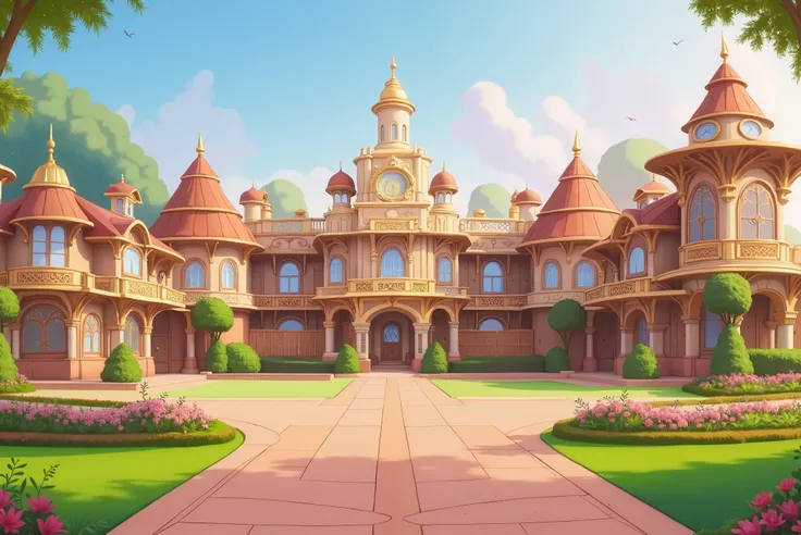 cartoon castle with a pathway leading to a courtyard and a clock tower, palace background, royal garden background, background art, castle background, background artwork, highschool background, fairy tale style background, house background, anime backgroun...