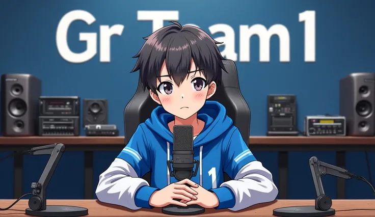 An 18-year-old anime boy, wearing a blue and white hoodie, sits in front of a microphone and looks at the camera. "Gr Team 1" written in large letters on the wall in the background with various recording equipment. Both sides will have different types of r...