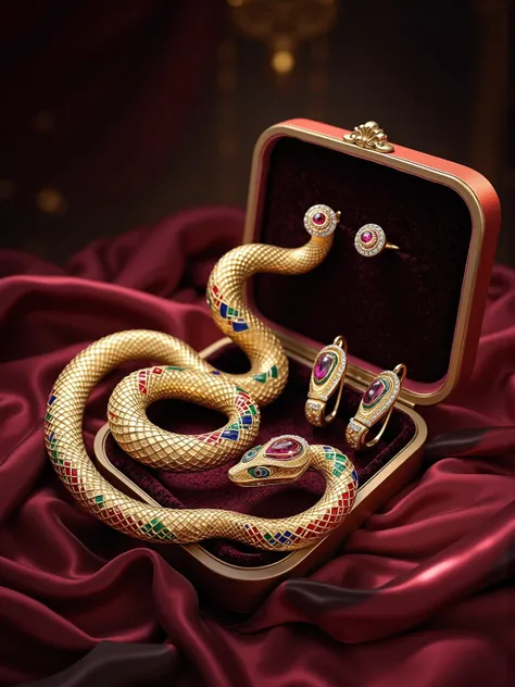 Ultra - realistic image of a pure gold Snake Design Necklace with matching earrings, along with a Snake - inspired Ring, all delicately placed in a royal box with utmost care. The Snake Design Necklace features a sinuous body crafted from pure gold, mimick...