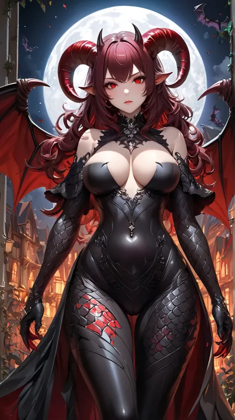 ((  top quality)),(  Ultra High Resolution),(  very detailed),(  detailed explanation ),((  best CG  )),(  Best Artwork  ), Ultra-precise art,  Amazing Art of Painting,(Exquisite art:1.5), Female devil, Bat Wing, Big twisted sheep horn,  Bodysuit with Larg...