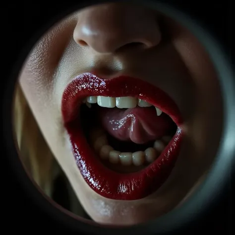 All I could see through the fisheye lens from the peephole in the front door was a woman's bright red mouth with white fangs licking her upper lip with an erotic tongue.