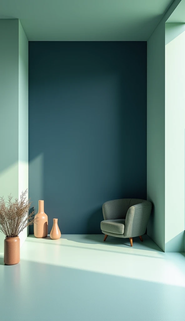 A sleek and uncluttered empty room with pale greenish blue and dark blue walls, accentuated by a few meticulously placed, modern, and minimalist decorative pieces, exuding a sense of serenity and sophistication, photographed in a clean and crisp aesthetic ...