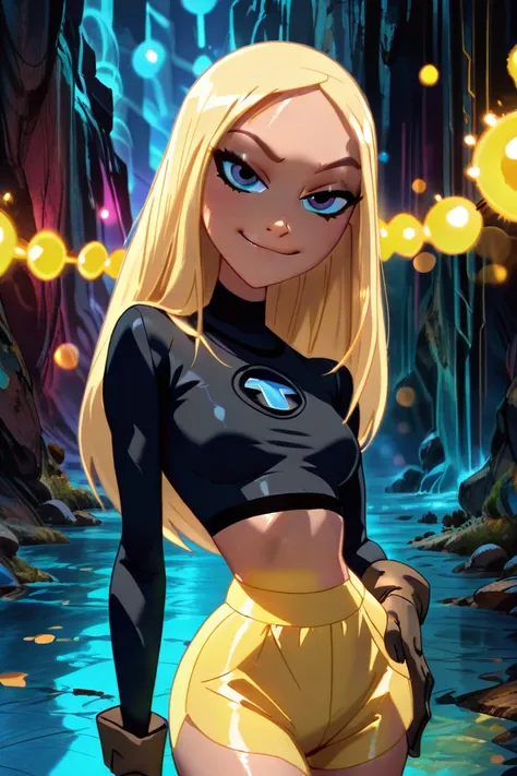 masterpiece, best quality, solo, curvy, beautiful eyes,zzTerra, blue eyes, blonde hair, long hair,  gloves, goggles, yellow shorts, black shirt, midriff,   cowboy shot, hand on hip, smug, smile, looking at viewer, shiny skin,shiny skin, bokeh, luminescent ...