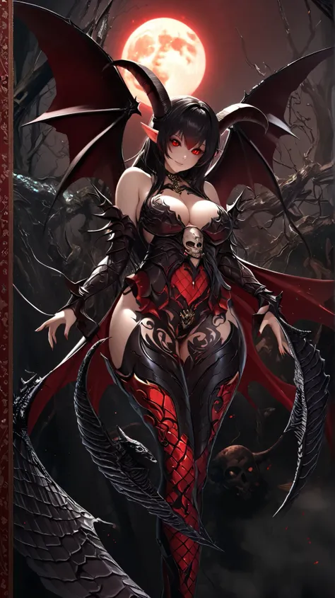 ((  top quality)),(  Ultra High Resolution),(  very detailed),(  detailed explanation ),((  best CG  )),(  Best Artwork  ), Ultra-precise art,  Amazing Art of Painting,(Exquisite art:1.5), Female devil, Bat Wing, Big twisted sheep horn, bodysuit with large...