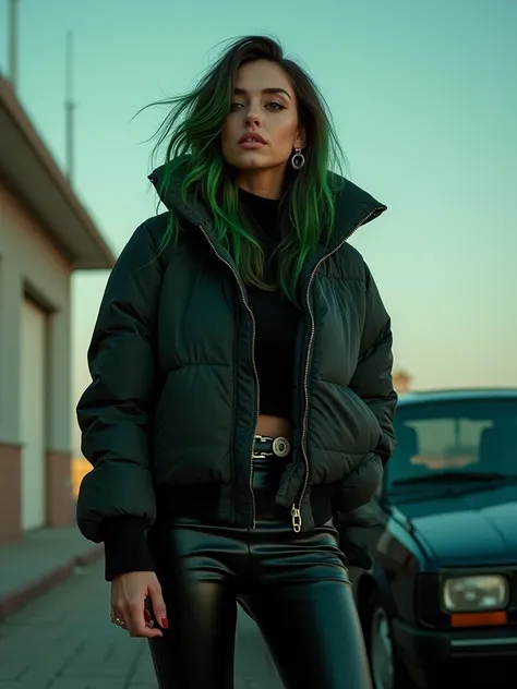 A woman in a black jacket and leather pants next to a car,  monster girl,  bebe energia  monster ,  energy monstruosa ,  monster ,  modelo usa jacket puffer ,  cold as ice ! 🧊, 🤬 🤮 💕 🎀,   monster , Jacke Puffer, delicious ,  black and green , suit jacket ,...