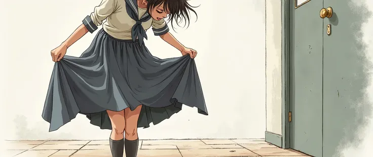  an embarrassed girl in uniform raising her skirt、 open legs、A rip in a long skirt 、 grabs a long skirt 、 change clothes、Raise one knee 、 disheveled clothes、perfect body、 low angle、 underwear can be seen through the gap between the crotches 、 angle from be...