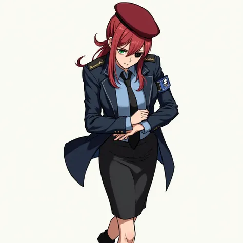 female, low ponytail red hair, green eyes, right eyepatch, pale skin, red beret with skull emblem, dark shade blue military field officer coat, right blue fleet armband, officer's bars, blue formal shirt, black necktie, black pencil skirt, black formal sho...