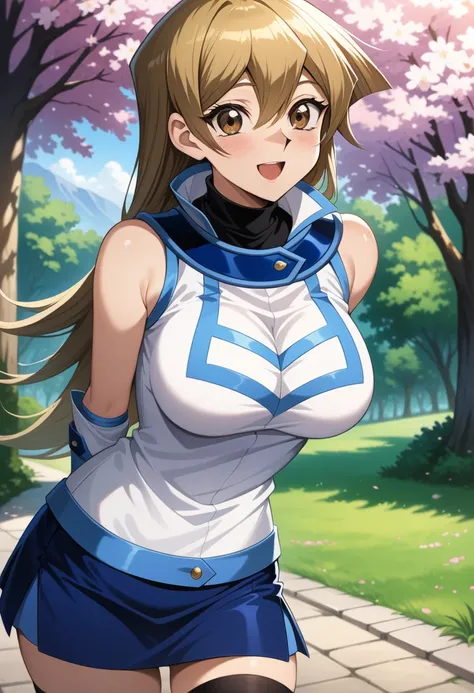 (masterpiece, best quality, very aesthetic, ultra detailed), intricate details, 4k, aaasuka, long hair, blonde hair, brown eyes, breasts, turtleneck, white jacket, sleeveless, fingerless gloves, blue gloves, miniskirt, blue skirt, black thighhighs, arms be...