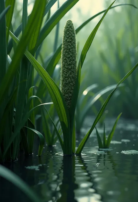         Create an unreal marsh reed with broad leaves in 3D   ,         thick coarse-grained granite texture         .         liquid metal texture        , , masterpiece on behalf of artists        .        very realistic       ,    trousers ,        high...