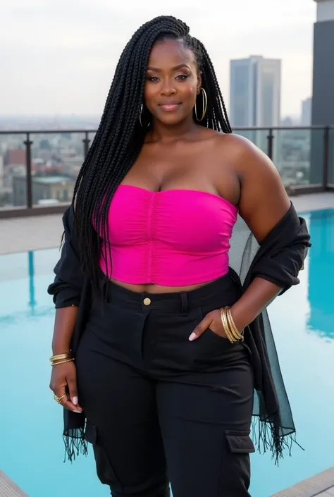 A curvaceous Black woman in a hot pink tube top with ruching along the bust and low-rise cargo pants in jet-black, the pants’ oversized pockets adding edge. She layers a sheer mesh shawl and wears gold ankle bracelets, her hair in waist-length box braids, ...