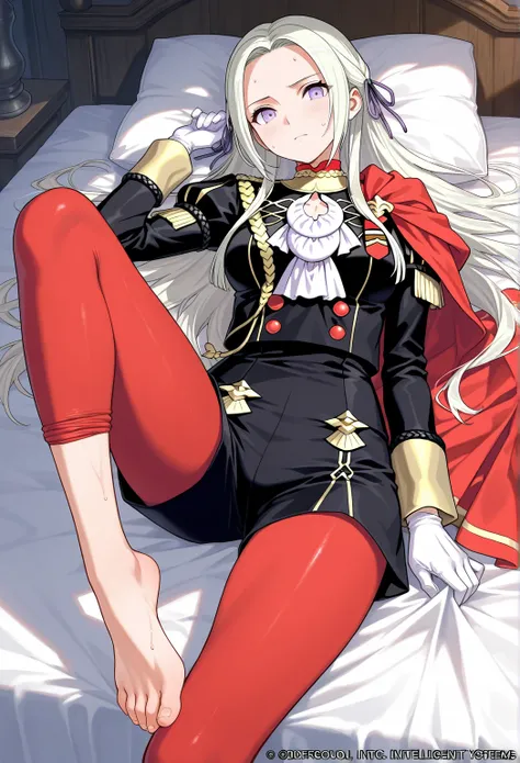 high resolution picture, masterpiece, best quality, amazing quality, official art, solo, 1girl,  Edelgard von Hresvelg from Fire Emblem, defEdel, hair ribbon, long hair, side cape, black jacket, white ascot, black shorts, red pantyhose, white gloves, mediu...