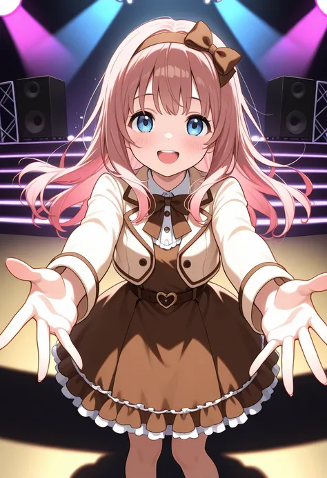 1girl, solo, smile, open mouth, dress, looking at viewer, blue eyes, long hair, frills, bow, outstretched arms, brown dress, hairband, jacket, brown hair, pink hair, sash, brown bowtie, :d, long sleeves, brown bow, standing, blush, belt, heart, reaching to...