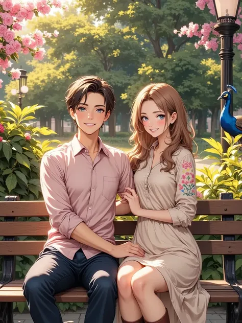 A young couple, positioned centrally on a park bench, sits in a romantic pose, holding hands.  The man, light-skinned, appears to be in his late twenties, and is wearing a light pinkish-red button-down shirt and dark blue jeans. The woman, also light-skinn...