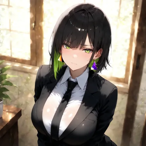 masterpiece, (((( best quality )))),1 girl, Japanese Anime ,,shiny skin, wearing a black suit,skirt suit, black tie , dark hair, short bob hair,The inner color of the hair is green, green eyes,isosceles triangle earrings, black tights,large breasts