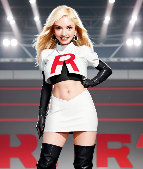 The face of Gwen stefani, 4 girls, quartet, Team rocket, team rocket uniform, red letter R, white skirt,white crop top,black thigh-high boots, black elbow gloves, earrings, large breasts, sexy pose, smile